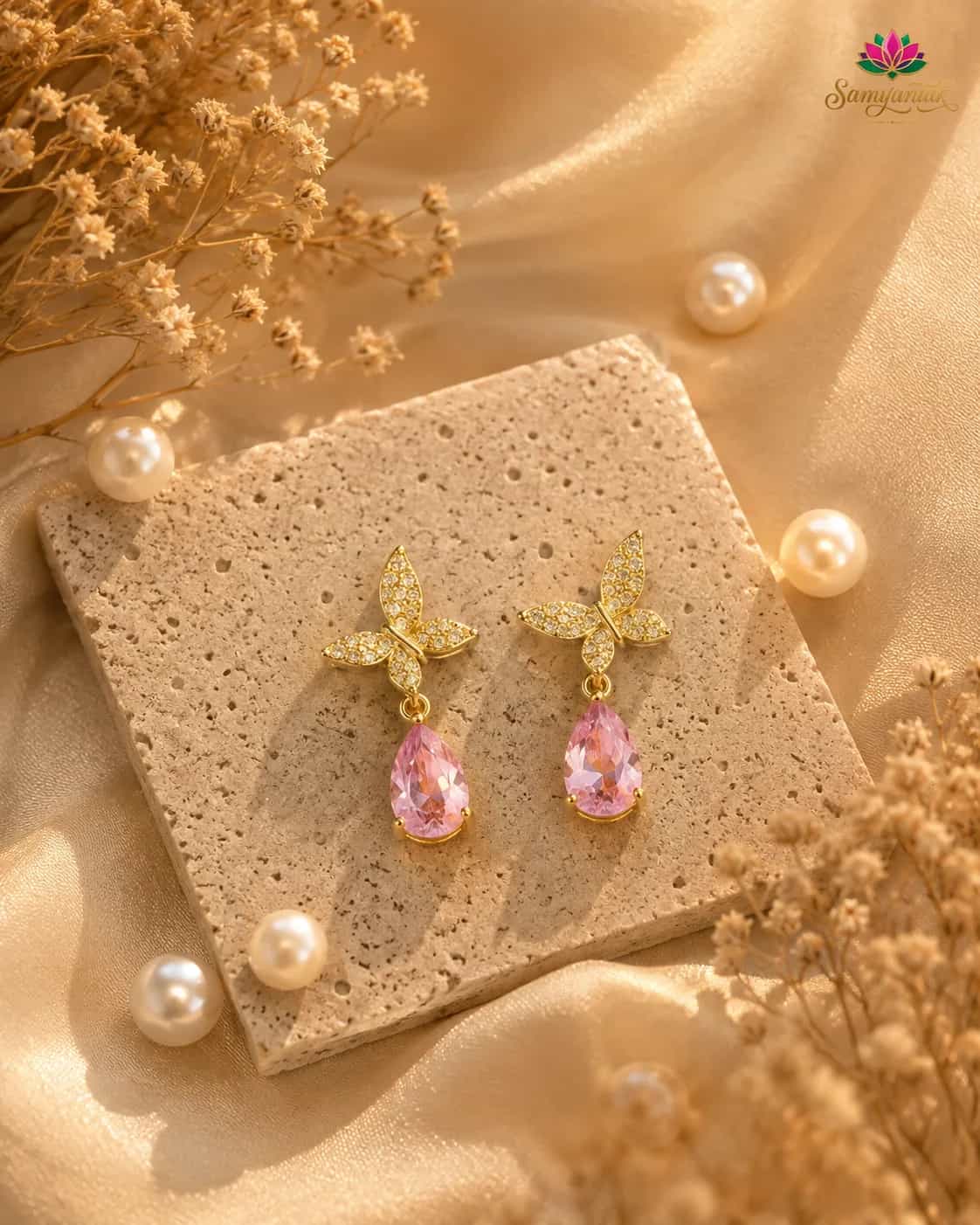 Rose Butterfly Crystal Drop Earrings