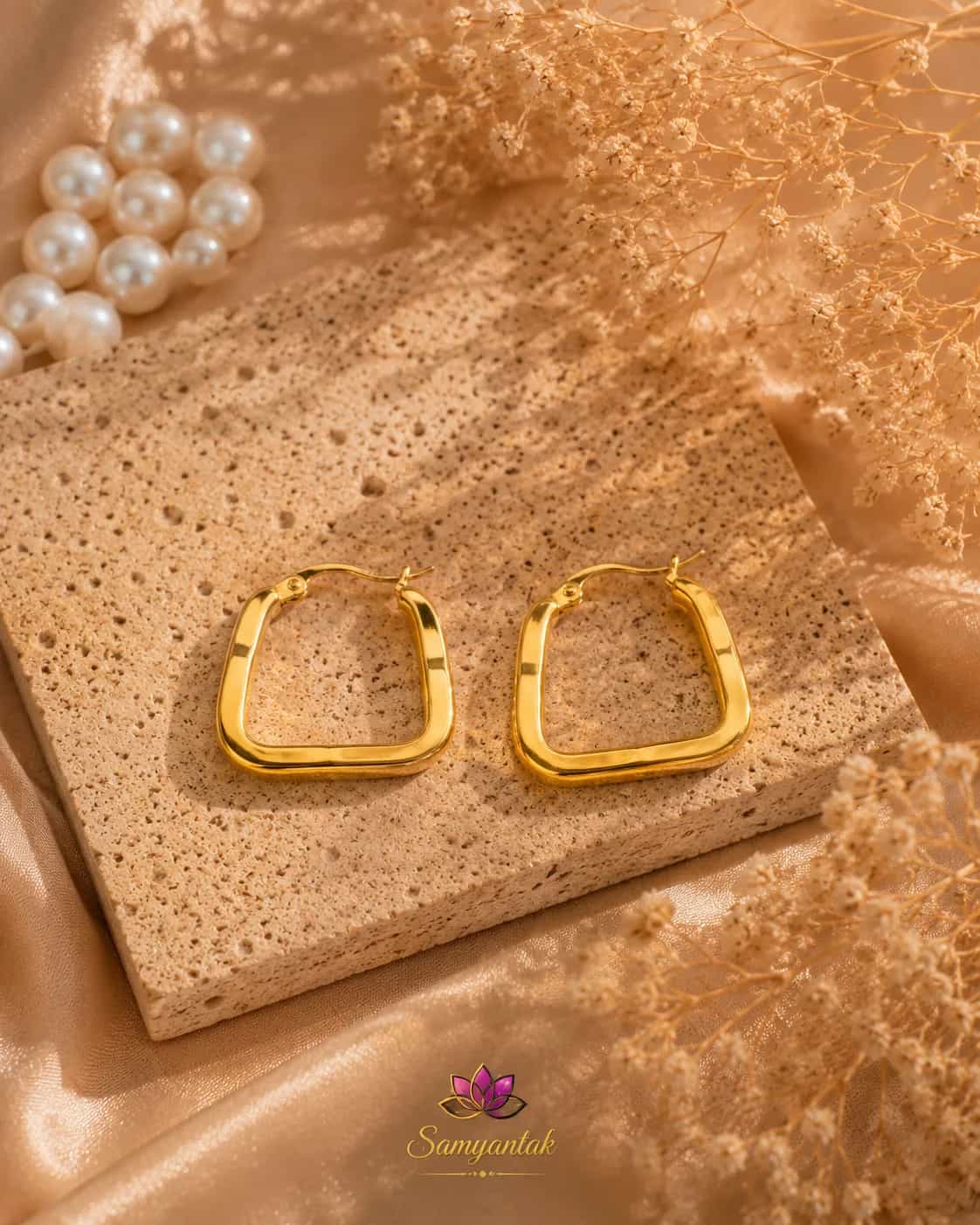 Golden Rounded Square Hoop Earrings