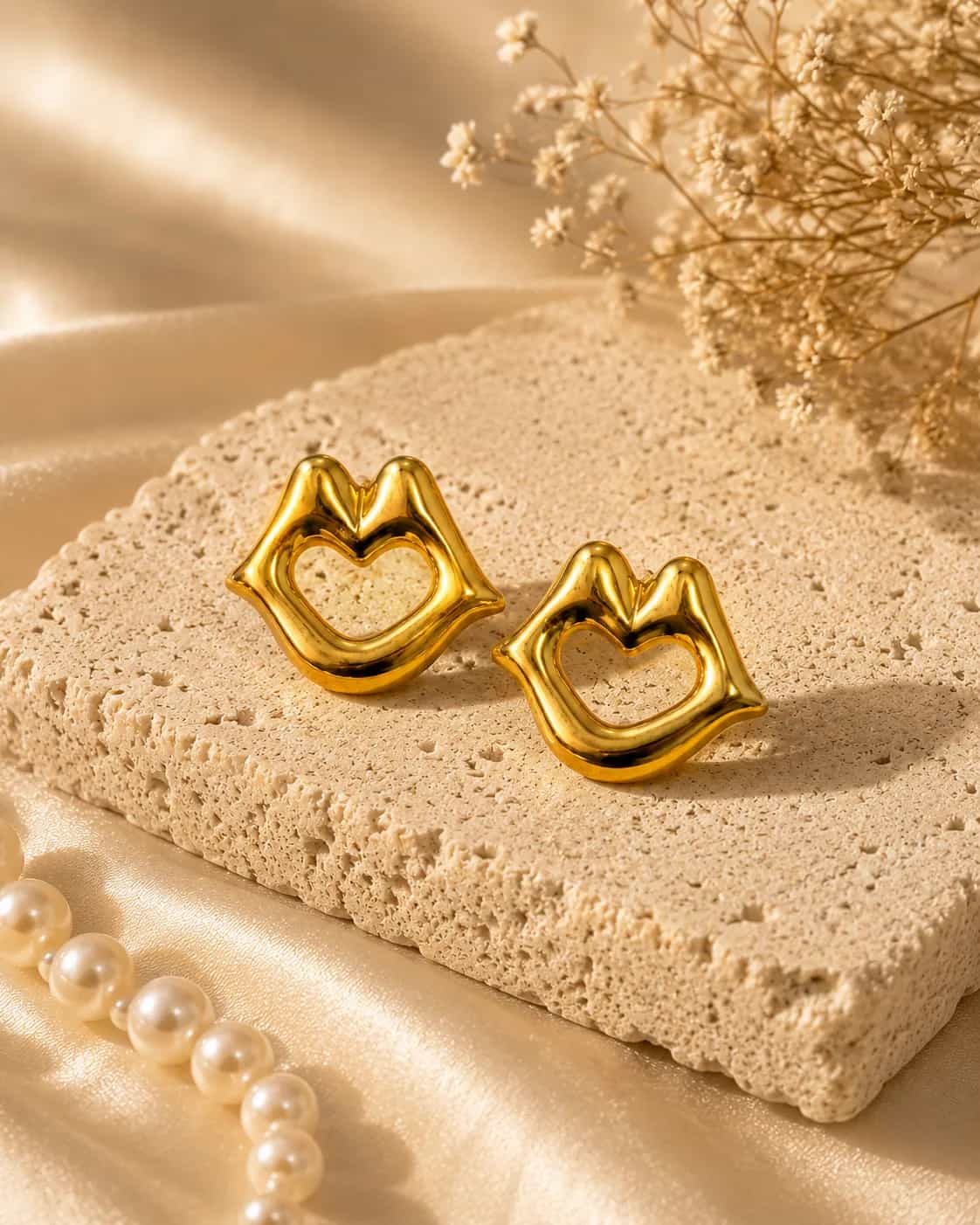 Gold Heart Outline Stud Earrings