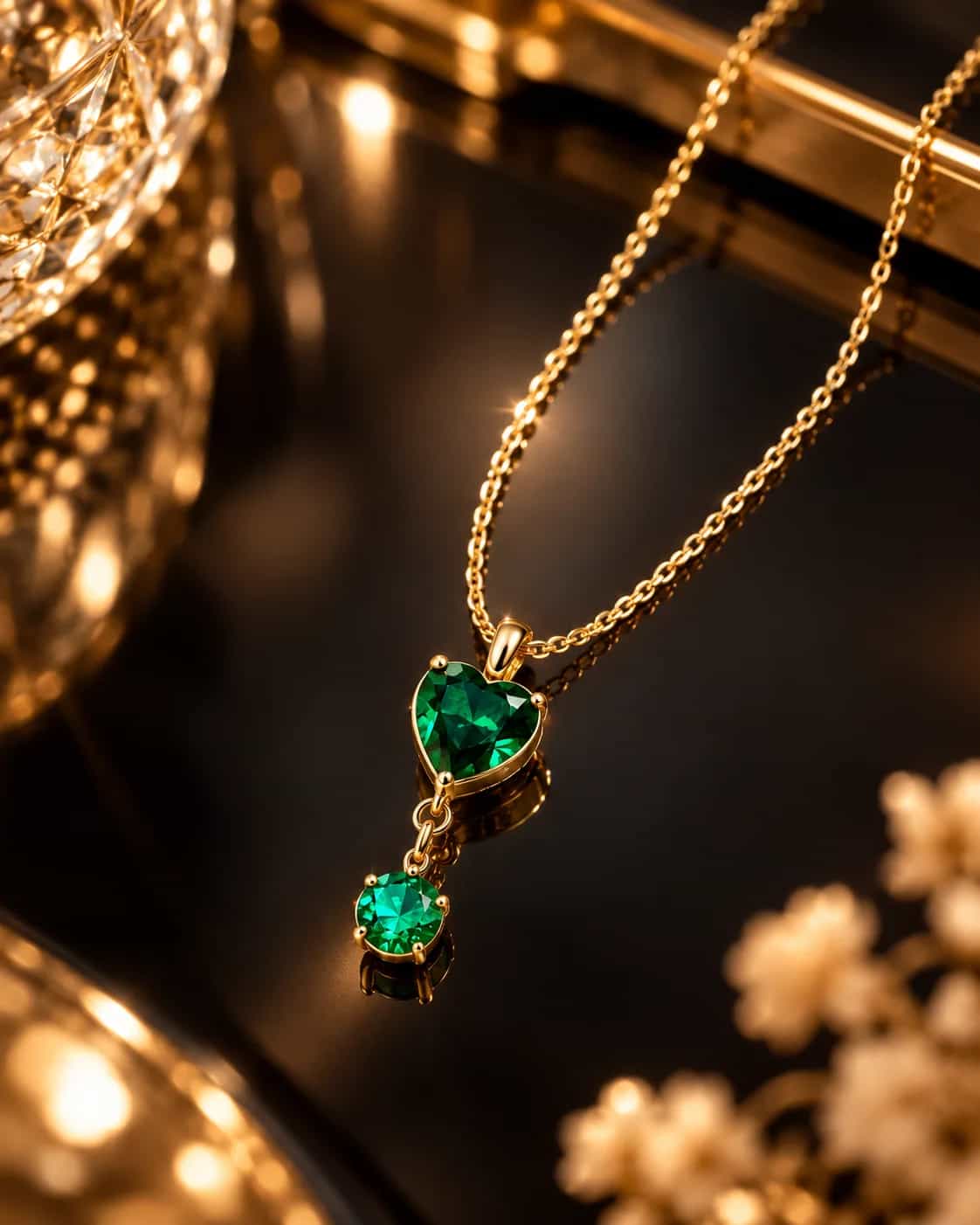 Emerald Double Heart Drop Necklace
