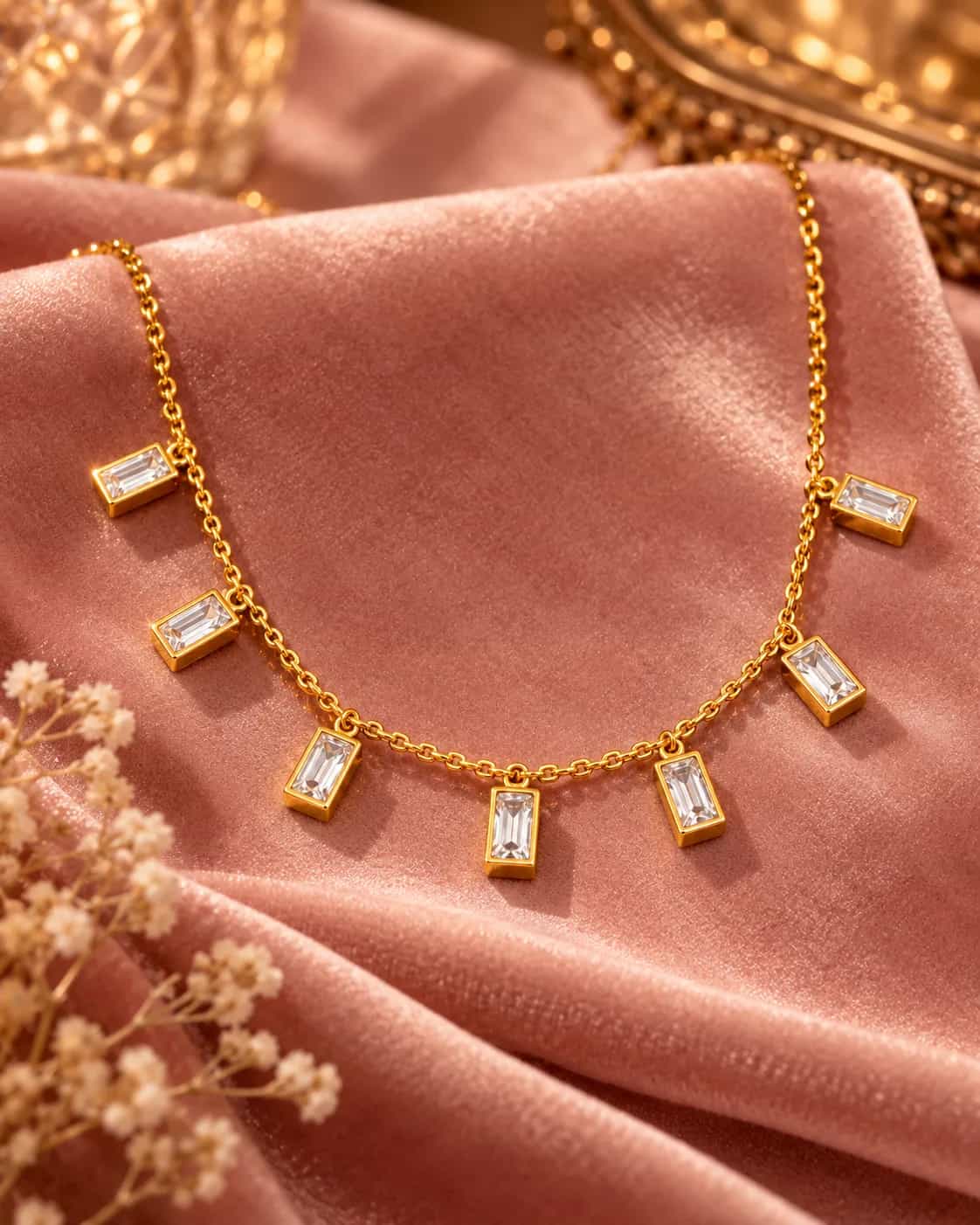 Gold Baguette Crystal Charm Necklace