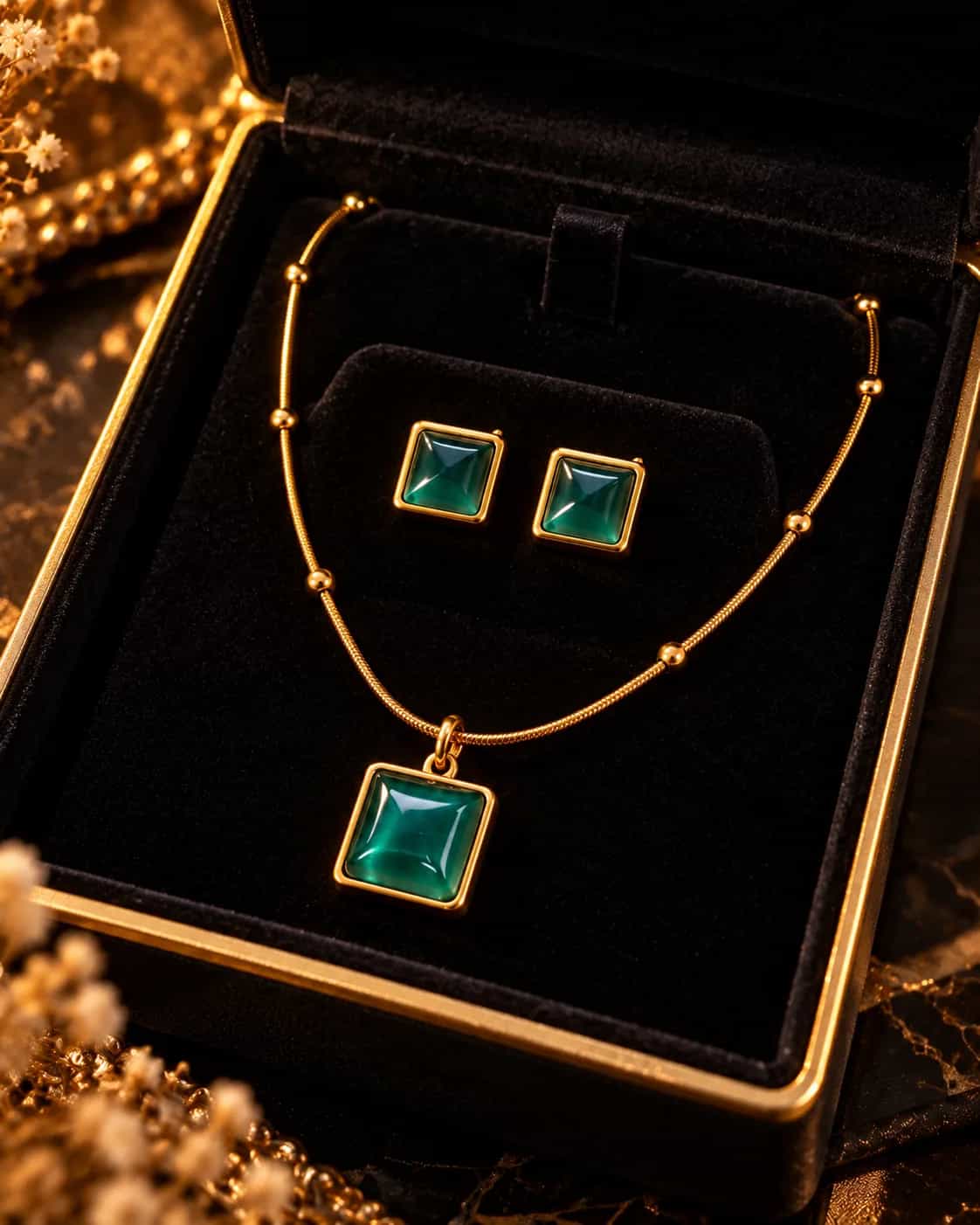 Emerald Green Stone Necklace & Earrings Set