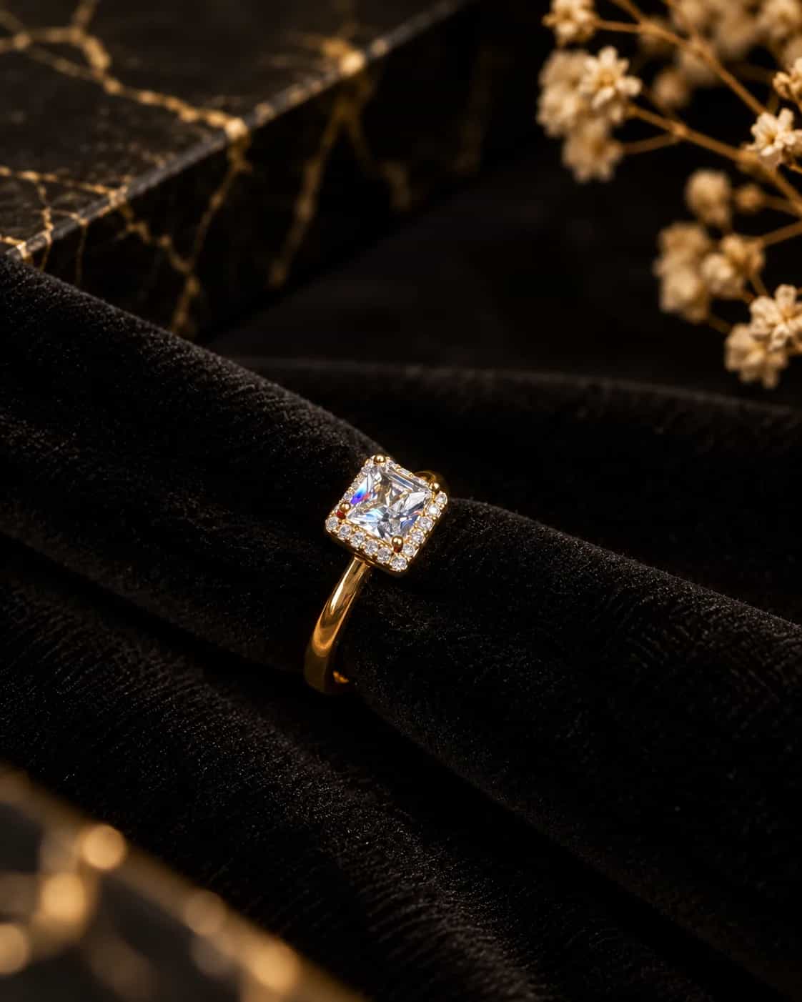 Royal Princess-Cut Halo Crystal Ring